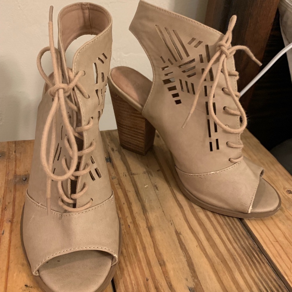 Open toe tie up booties with heel
